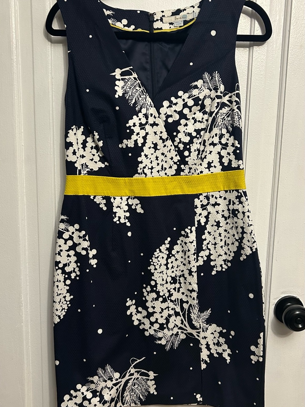 Boden Navy and White Floral Dress with Yellow Waistband